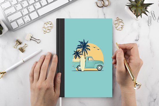 Cahier - Cahier d'écriture - Voiture - Soleil - Planche de surf - Paume - Cahier - Format A5 - Bloc-notes
