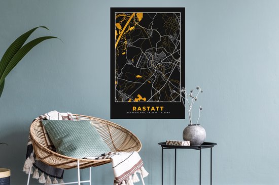 Stickers muraux - Allemagne - Black and Gold et Or - Rastatt - Plan de la ville - Carte - Plan d'étage - 40x60 cm - Feuille adhésive