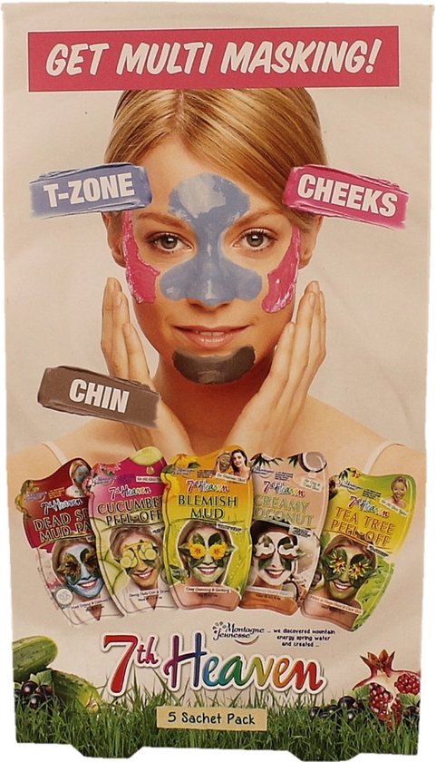 Verpakking van 7th Heaven gezichtsmaskers, met "GET MULTI MASKING!" bovenaan. Een vrouw draagt blauw, roze en grijs masker op haar T-zone, wangen en kin.