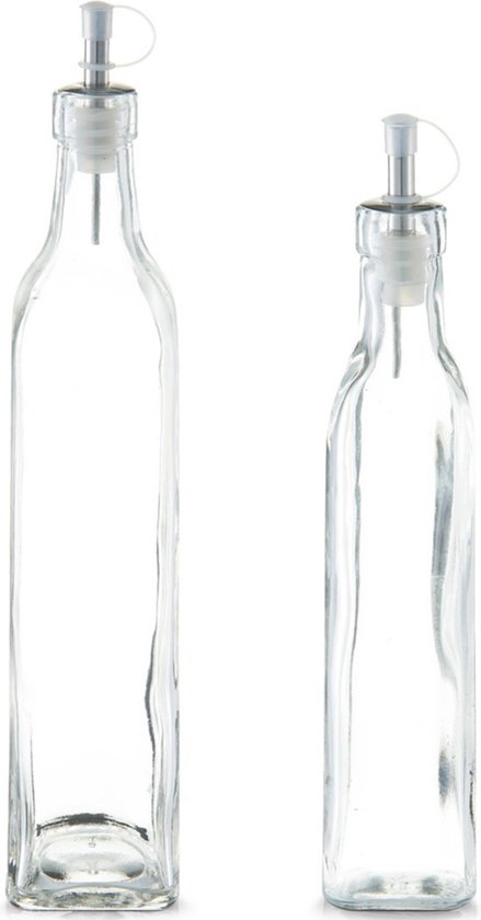 Foto: 2x glazen azijn olie flessen met schenktuit 270 ml en 500 ml zeller keuken kookbenodigdheden tafel dekken azijnflessen olieflessen doseerflessen van glas