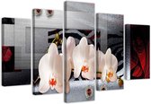 Trend24 - Canvas Schilderij - Witte Orchideeën - Vijfluik - Bloemen - 200x100x2 cm - Rood