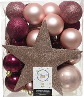 33x stuks kunststof kerstballen roze tinten incl ster piek - 5-6-8 cm - Onbreekbare plastic kerstballen