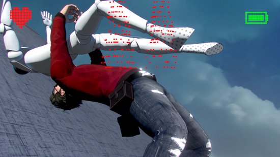 Een man met een rode trui die een robot vasthoudt in de lucht.