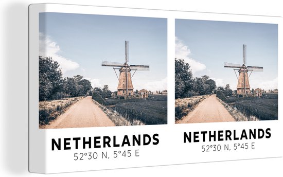 Canvas Schilderij Nederland - Windmolen - Vintage - Zomer - 80x40 cm - Wanddecoratie