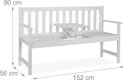 Witte houten 3-zits tuinbank met inklapbaar tafeltje, met afmetingen 152 cm breed, 90 cm hoog, 56 cm diep.