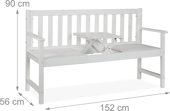 Witte houten 3-zits tuinbank met inklapbaar tafeltje, met afmetingen 152 cm breed, 90 cm hoog, 56 cm diep.
