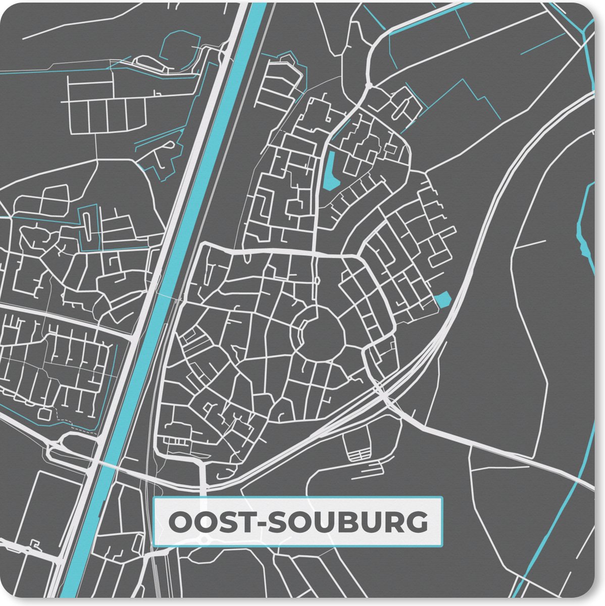 Muismat XXL 50x50 cm - Bureau onderlegger - Bureau mat Plattegrond - Oost-Souburg - Grijs - Blauw - Bureaumat - Gaming mousepad xl - Bureaulegger groot - Computer deskmat - Stadskaart
