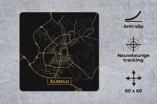 Muismat XXL 60x60 cm - Bureau onderlegger - Bureau mat Kaart - Almelo - Zwart - Goud - Bureaumat - Gaming mousepad xl - Bureaulegger groot - Computer deskmat