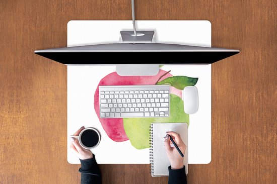 Muismat XXL 80x80 cm - Bureau onderlegger - Bureau mat Appels - Aquarel - Wit - Bureaumat - Gaming mousepad xl - Bureaulegger groot - Computer deskmat