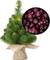 Mini kerstboom/kunstboom met verlichting 45 cm en inclusief kerstballen aubergine paars - Kerstversiering