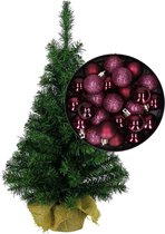 Mini sapin de Noël/sapin de Noël artificiel H75 cm avec boules de Noël violet aubergine - Décorations de Noël
