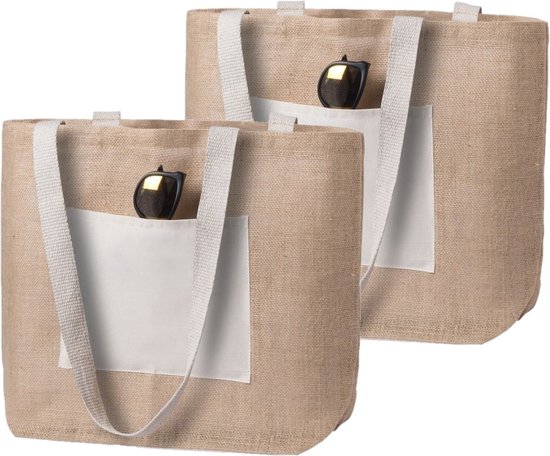 2x stuks jute/katoenen naturel strandtas 48 cm - Strandartikelen beach bags/shoppers