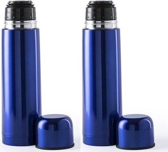 Foto: 2x rvs thermosflessen isoleerkannen 500 ml blauw thermoskannen isolatiekannen