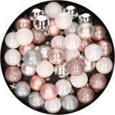 42x pcs boules de Noël en plastique rose clair, blanc nacré et argent mix 3 cm - Décorations pour sapins de Noël