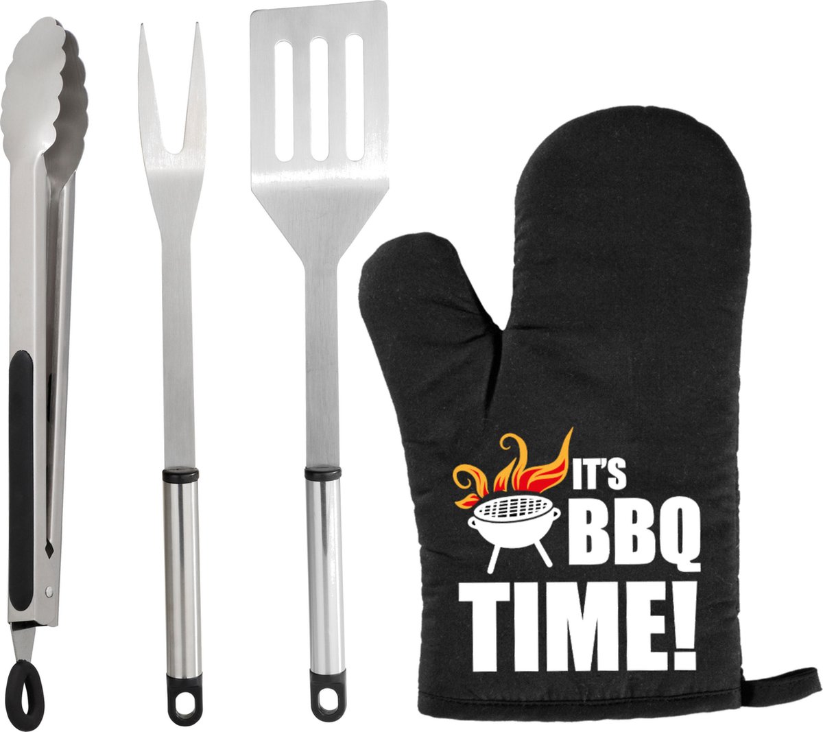 BBQ/barbecue gereedschap set 3-delig RVS - Met BBQ handschoen It's BBQ Time! - Papa/ Vaderdag cadeau