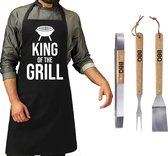 Luxe barbecue gereedschap set met houten handgrepen 3-delig RVS - Met zwart BBQ schort King of the grill - Vaderdag cadeau
