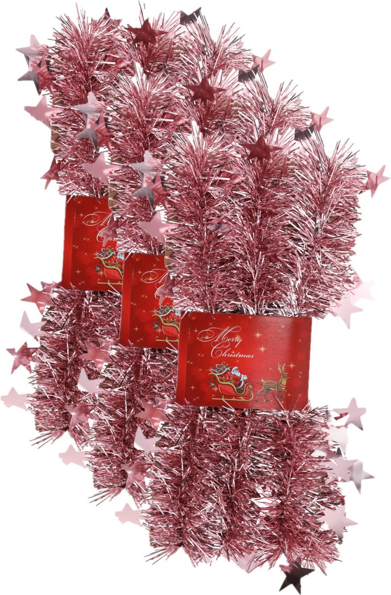 3x stuks lametta kerstslingers met sterretjes roze 200 x 6,5 cm - kerstslingers/kerst guirlandes