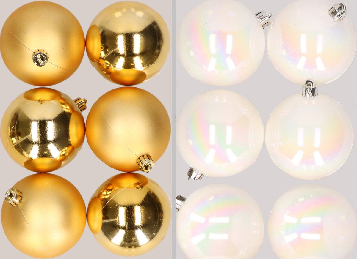 12x stuks kunststof kerstballen mix van goud en parelmoer wit 8 cm - Kerstversiering