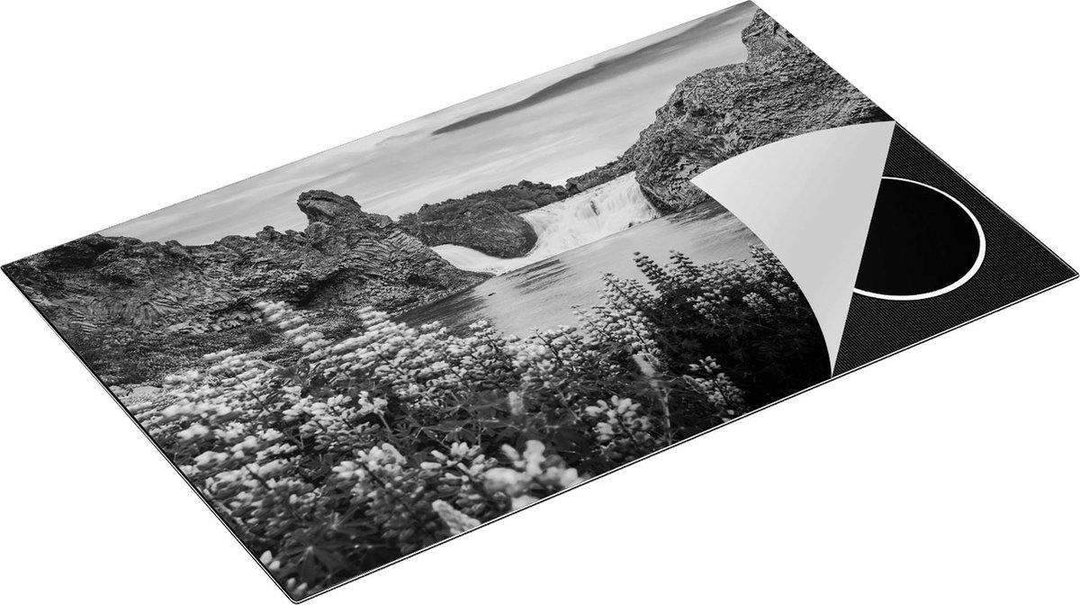 Chefcare Inductie Beschermer Waterval met Blauwe Lupine Bloemen - Zwart Wit - 85x55 cm - Afdekplaat Inductie - Kookplaat Beschermer - Inductie Mat