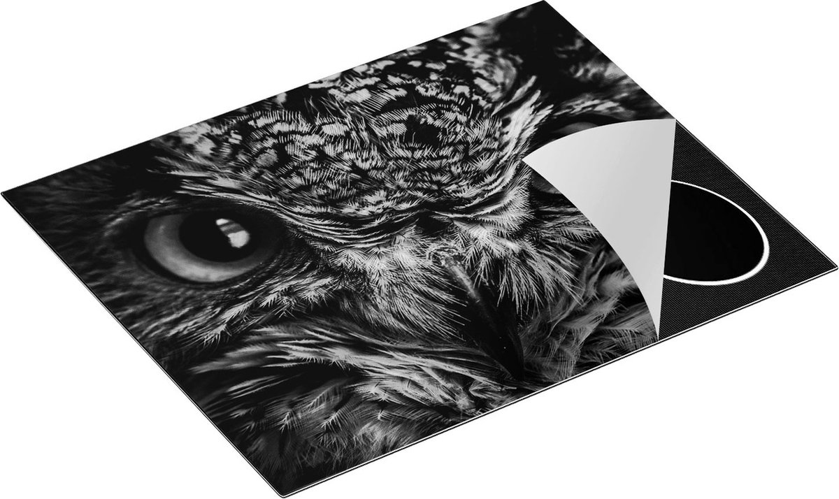 Chefcare Inductie Beschermer Uilenkop met Gele Ogen - Uil - Zwart Wit - 65x55 cm - Afdekplaat Inductie - Kookplaat Beschermer - Inductie Mat