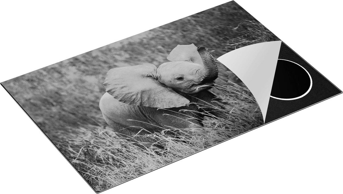 Chefcare Inductie Beschermer Olifanten Baby in het Gras - Olifant - Zwart Wit - 83x51,5 cm - Afdekplaat Inductie - Kookplaat Beschermer - Inductie Mat