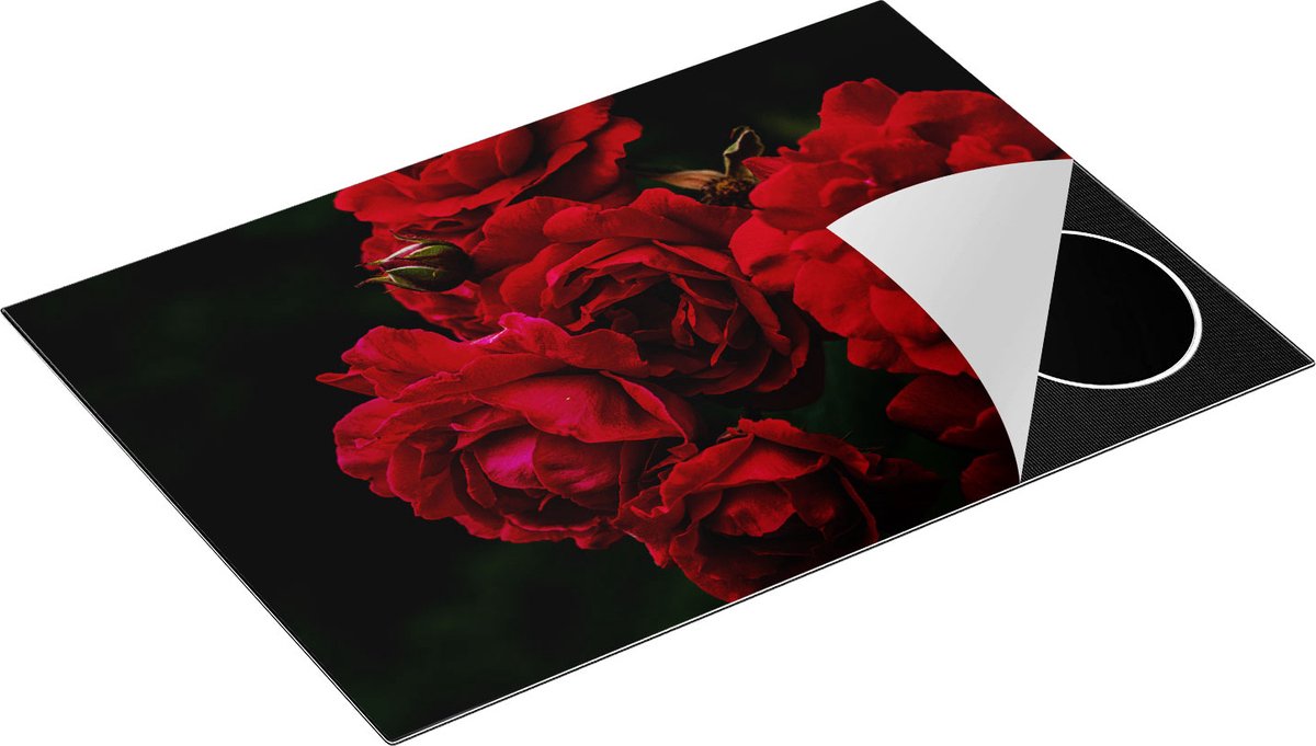 Chefcare Inductie Beschermer Rode Bloemen met Zwarte Achtergrond - 75x55 cm - Afdekplaat Inductie - Kookplaat Beschermer - Inductie Mat