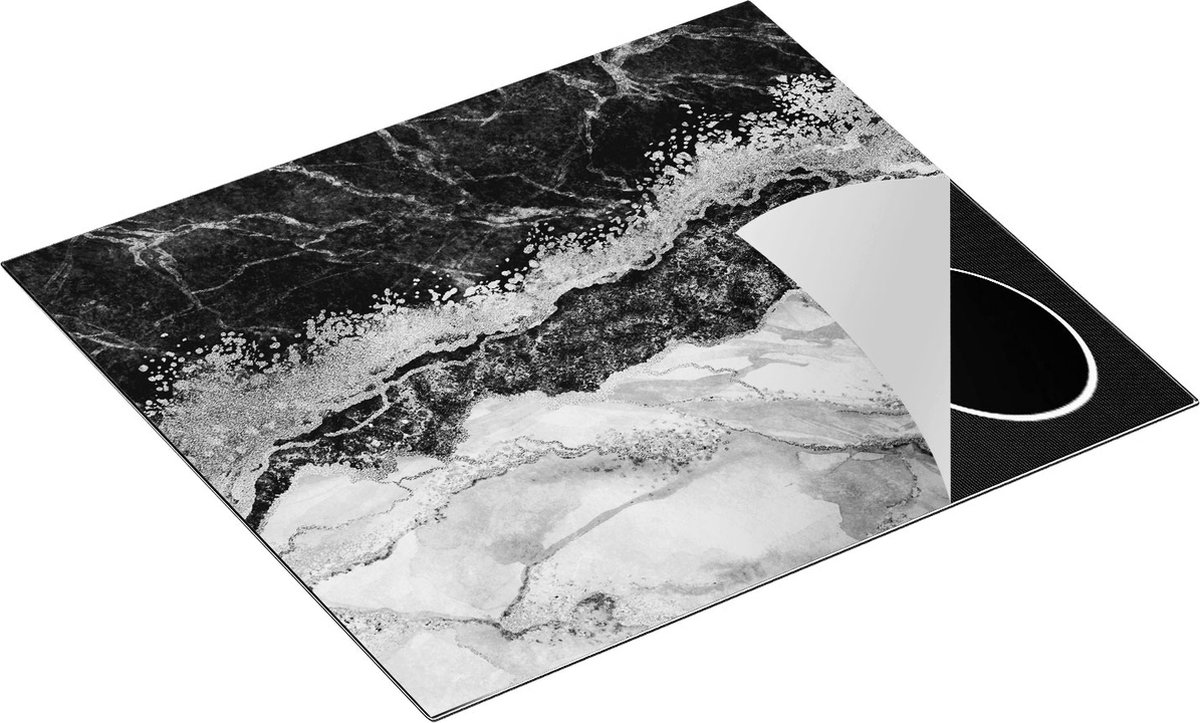 Chefcare Inductie Beschermer Abstracte Kunst - Zwart met Witte Marmer - Zwart Wit - 60x52 cm - Afdekplaat Inductie - Kookplaat Beschermer - Inductie Mat