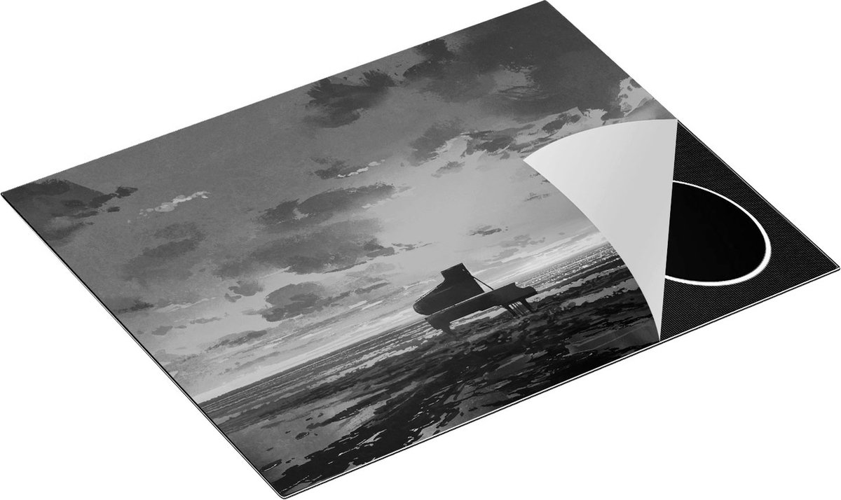 Chefcare Inductie Beschermer Piano op het Strand bij Zonsondergang - Zwart Wit - 65x55 cm - Afdekplaat Inductie - Kookplaat Beschermer - Inductie Mat