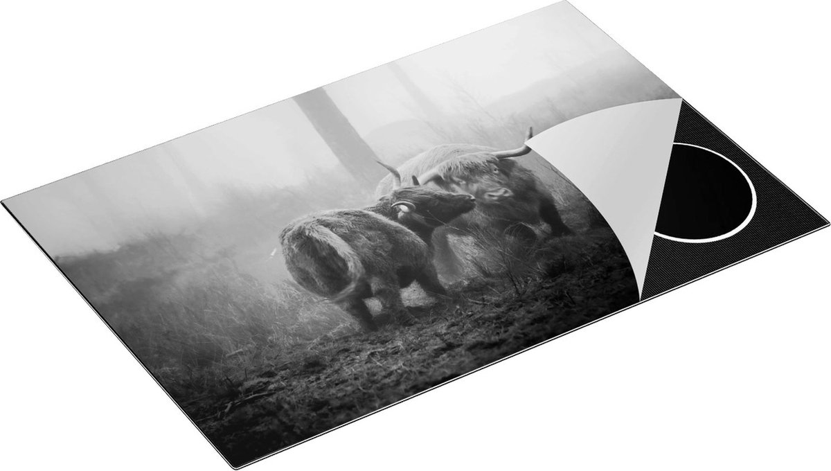 Chefcare Inductie Beschermer Twee Schotse Hooglanders in de Mist - Zwart Wit - 80x52 cm - Afdekplaat Inductie - Kookplaat Beschermer - Inductie Mat