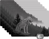 Placemats - Dieren - Wolf - Keuken - Bos - Zwart wit - Tafel - Onderlegger - 45x30 cm - 6 stuks