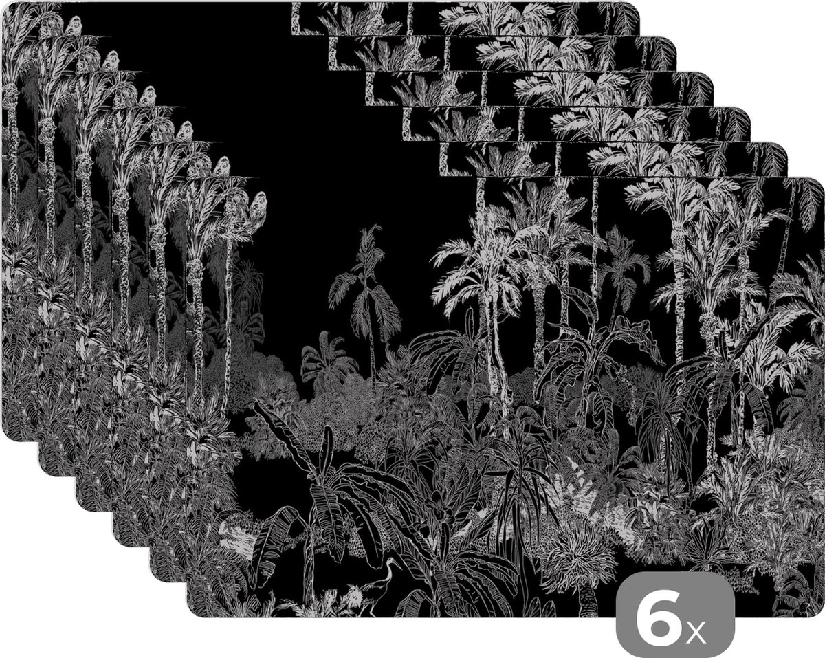Placemats - Jungle - Tropical - Palm - Natuur - Zwart- Wit - Onderlegger - Eettafel - 45x30 cm - 6 stuks