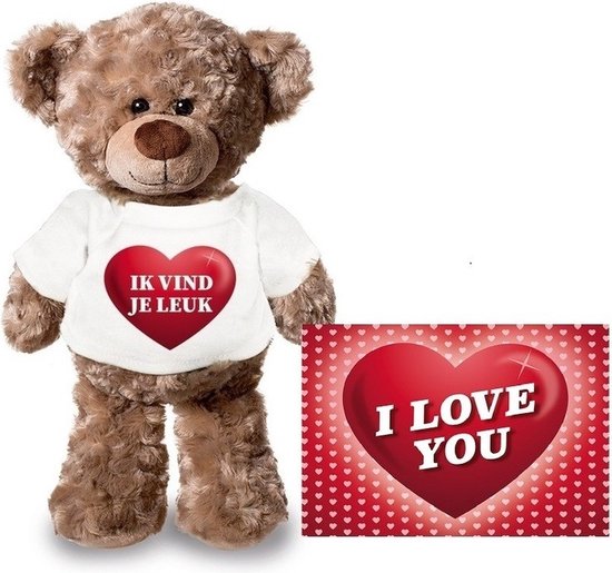Knuffel teddybeer ik vind je leuk hartje 24 cm met Valentijnskaart A5 - Valentijn/ romantisch cadeau