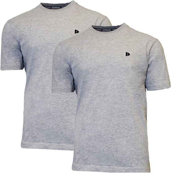 Twee lichtgrijze gemêleerde T-shirts met zwart logo op de borst en DONNAY op de kraagband.