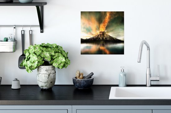 Affiche éruption volcanique active derrière un lac 30x30 cm - Tirage photo sur Poster (décoration murale salon / chambre) / Affiche Catastrophes naturelles