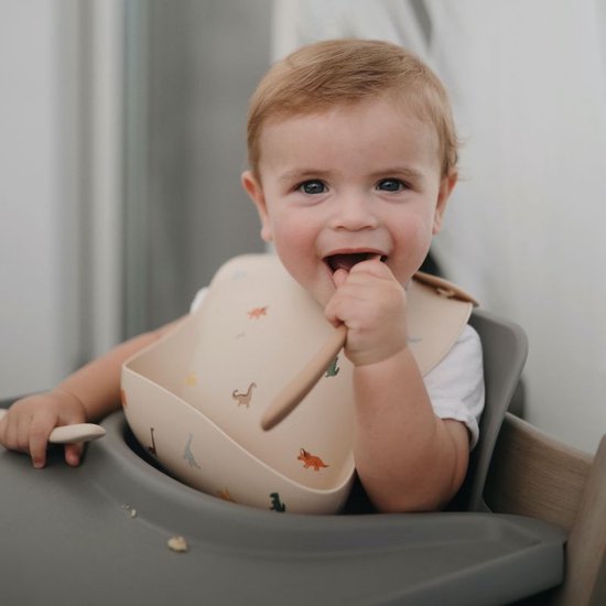 Mushie Siliconen Baby Slabbetje met Opvangbakje | Dino | BPA ftalaatvrij| afwasbaar