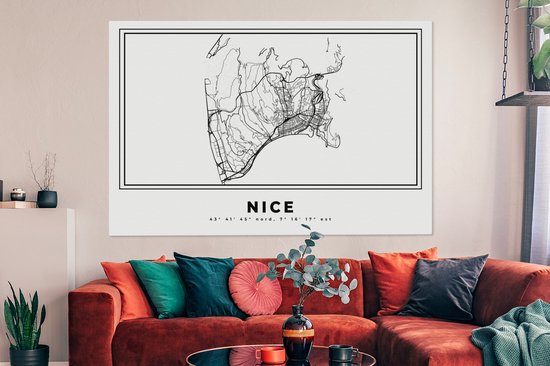 Tableau sur toile 180x120 cm - Décoration murale Carte - Plan de ville - Wit Zwart - Carte - Nice - France - Décoration murale salon - Décoration chambre - Accessoires de chambre - Peintures