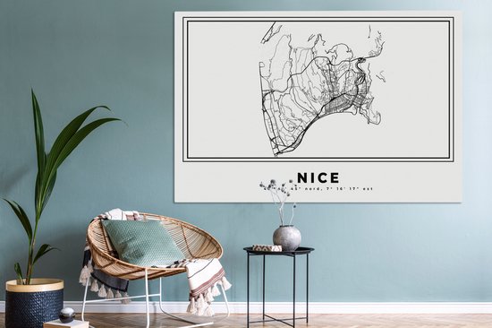Tableau sur toile 180x120 cm - Décoration murale Carte - Plan de ville - Wit Zwart - Carte - Nice - France - Décoration murale salon - Décoration chambre - Accessoires de chambre - Peintures