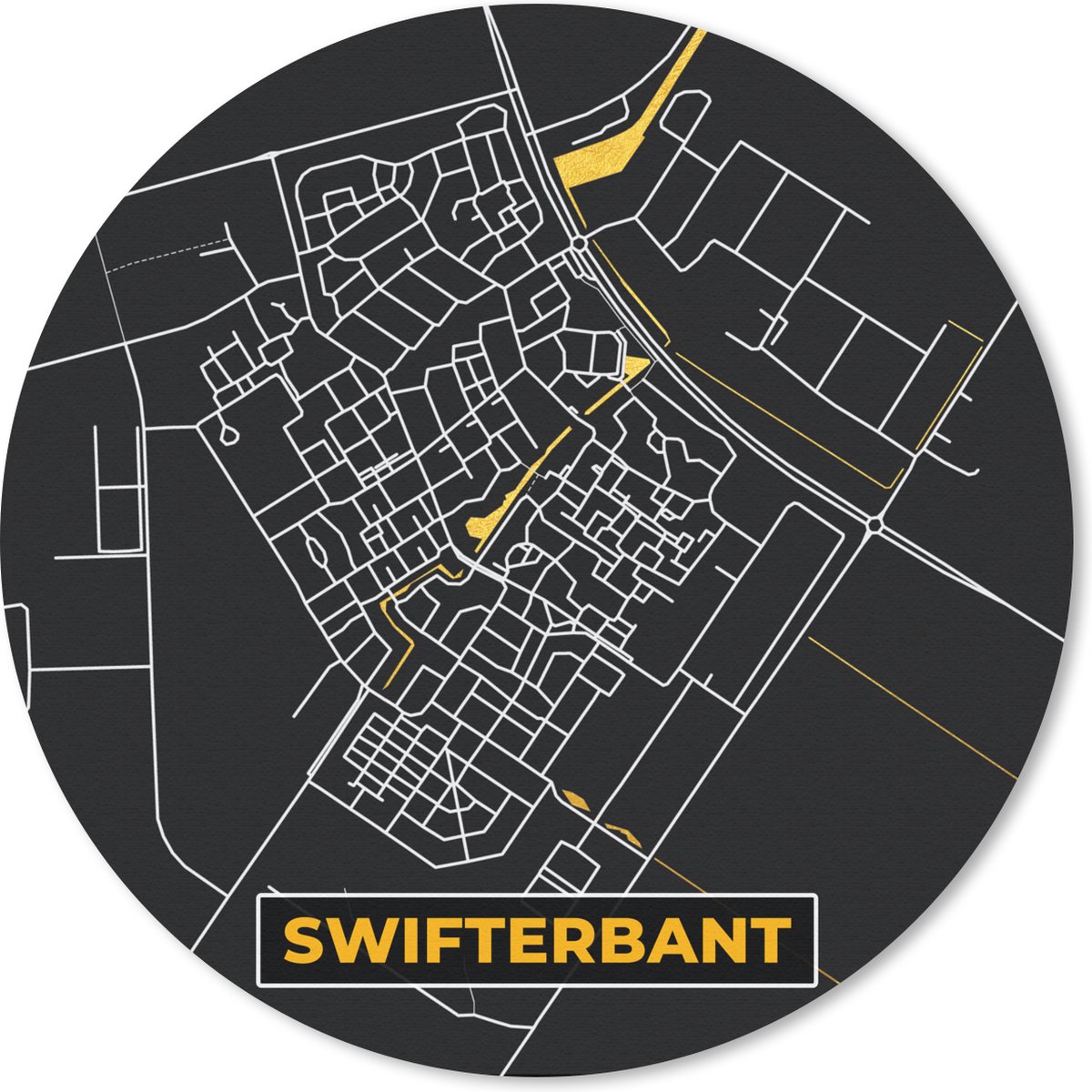 Muismat rond 30x30 cm - Mousepad Swifterbant - Black and Gold - Stadskaart - Plattegrond - Kaart - Ronde muismatten - Stadskaart
