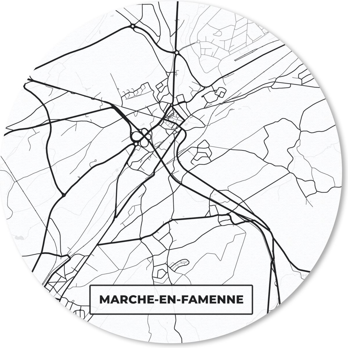 Muismat rond 40x40 cm - Mousepad Kaart – Plattegrond – Stadskaart – Marche en Famenne – België – Zwart Wit - Ronde muismatten - Stadskaart
