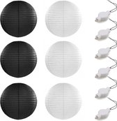 Setje van 6x stuks luxe zwart/witte bolvormige party lampionnen 35 cm met lantaarnlampjes - Feest decoraties/versiering