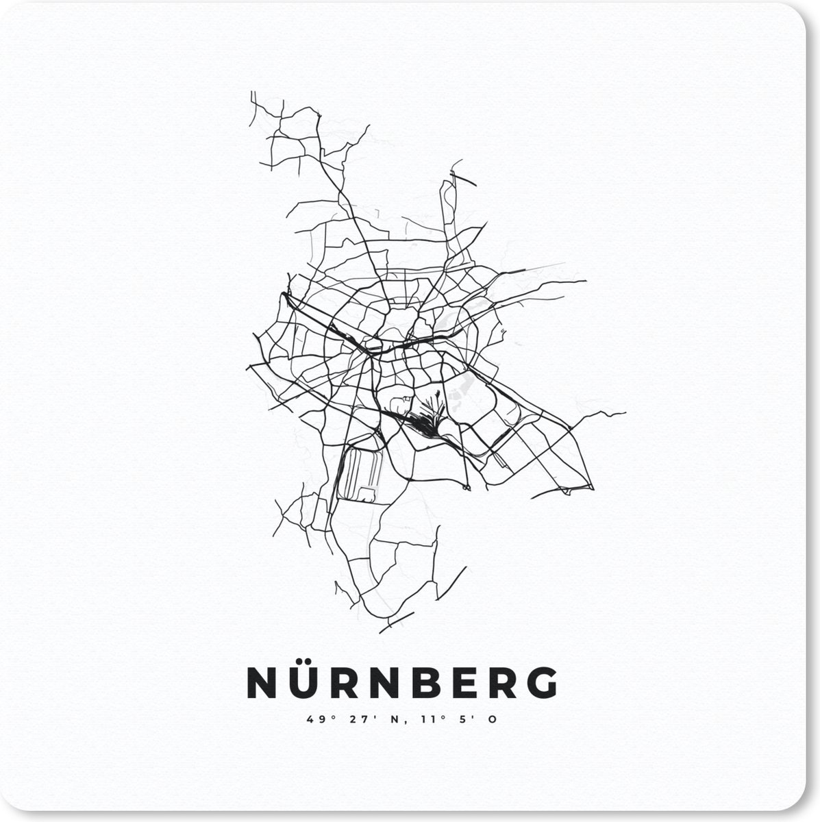 Muismat 30x30 cm - Mousepad Stadskaart – Plattegrond – Duitsland – Zwart Wit – Nürnberg – Kaart - Muismatten - Stadskaart