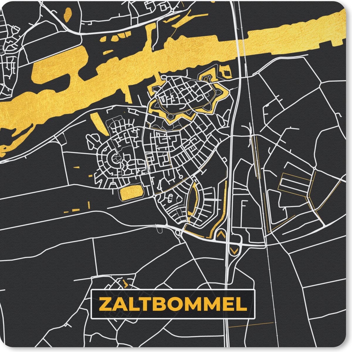 Muismat - Mousepad - Plattegrond - Black en gold - Zaltbommel - Kaart - Stadskaart - 30x30 cm - Muismatten