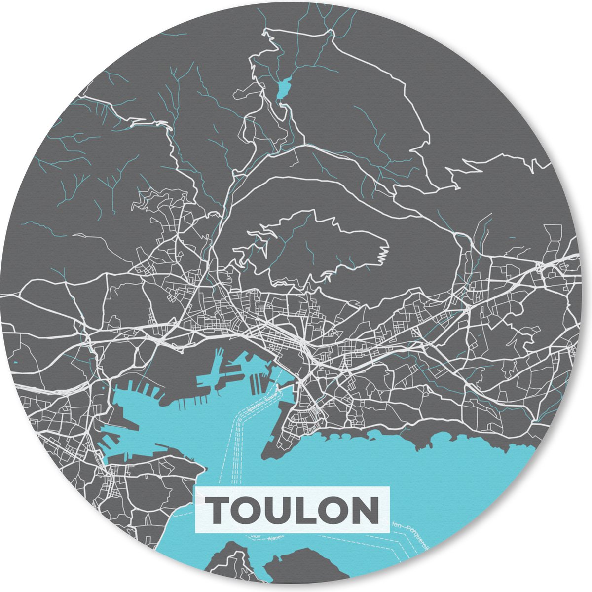 Muismat rond 20x20 cm - Mousepad Toulon - Plattegrond - Kaart - Stadskaart - Frankrijk - Ronde muismatten - Stadskaart