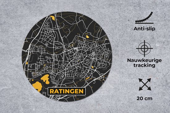 Muismat rond 20x20 cm - Mousepad Duitsland – Black and Gold – Ratingen – Stadskaart – Kaart – Plattegrond - Ronde muismatten - Stadskaart