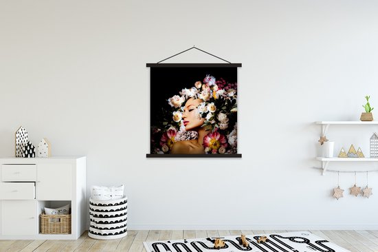 Porte-affiche avec affiche - Affiche scolaire - Femmes - Fleurs - Roses - Portrait - 90x90 cm - Lattes noires
