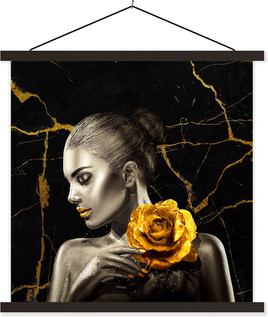 Posterhanger incl. Poster 120x120 cm - Schoolplaat - Vrouwen - Rozen - Goud - Marmer - Textielposter - Zwarte latten