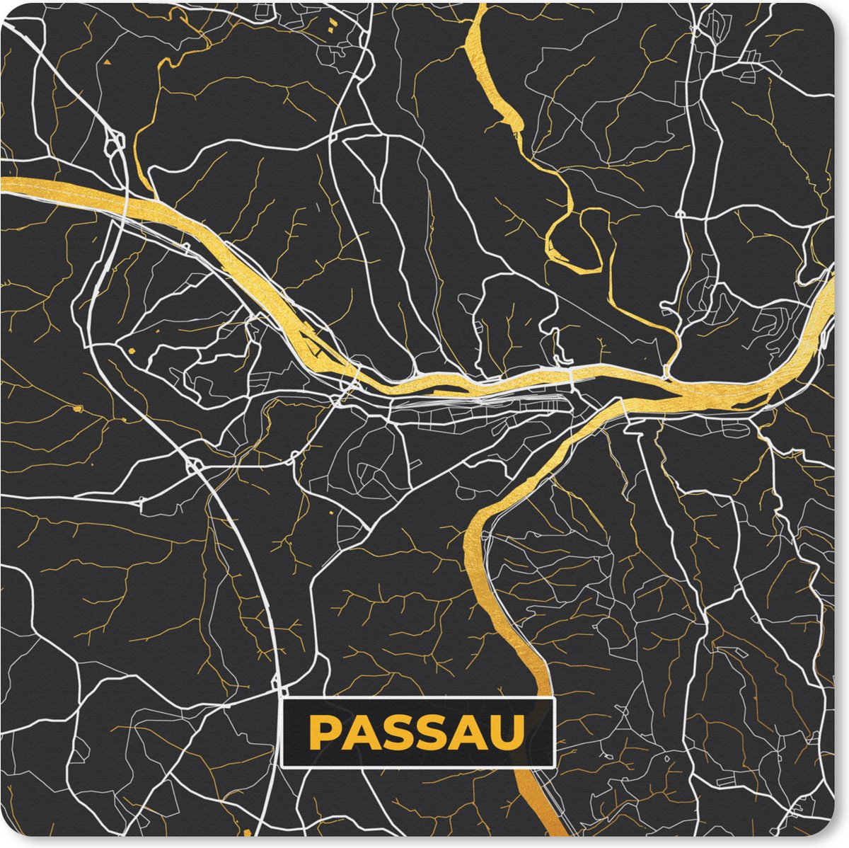 Muismat 20x20 cm - Mousepad Kaart – Plattegrond – Stadskaart – Passau – Duitsland – Goud - Muismatten - Stadskaart