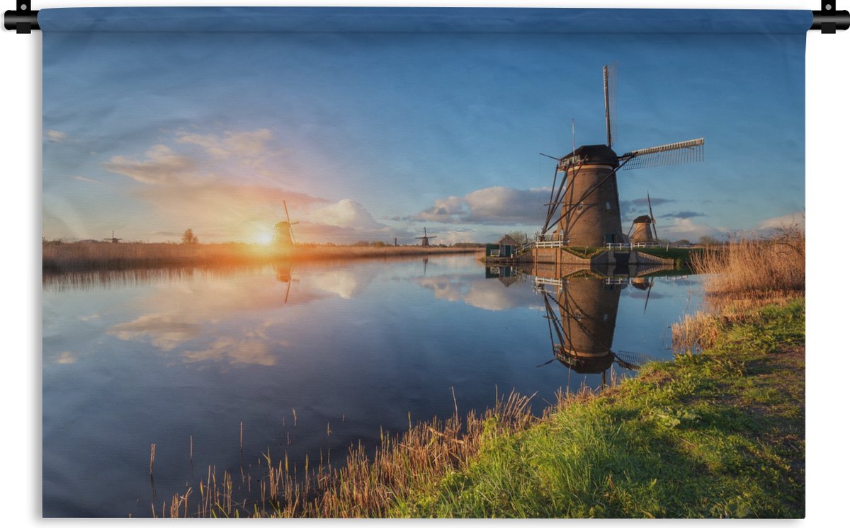 Wandkleed - Wanddoek - Windmolen - Water - Zon - 60x40 cm - Wandtapijt