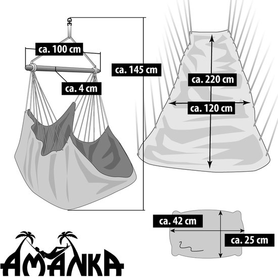 Schematische tekening van een hangstoel met afmetingen: ca. 100 cm breed hout, ca. 4 cm dik touw, 145 cm hoog, 220x120 cm zitting, kussen 42x25 cm.