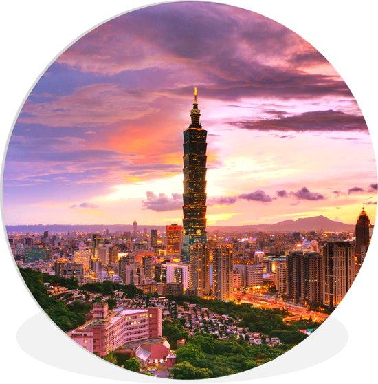WallCircle - Wandcirkel ⌀ 60 - De Taiwanese wolkenkrabber met een kleurrijke hemel - Ronde schilderijen woonkamer - Wandbord rond - Muurdecoratie cirkel - Kamer decoratie binnen - Wanddecoratie muurcirkel - Woonaccessoires - Merkloos